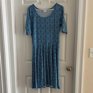 LuLaRoe Blue and White Patterned Midi Dress